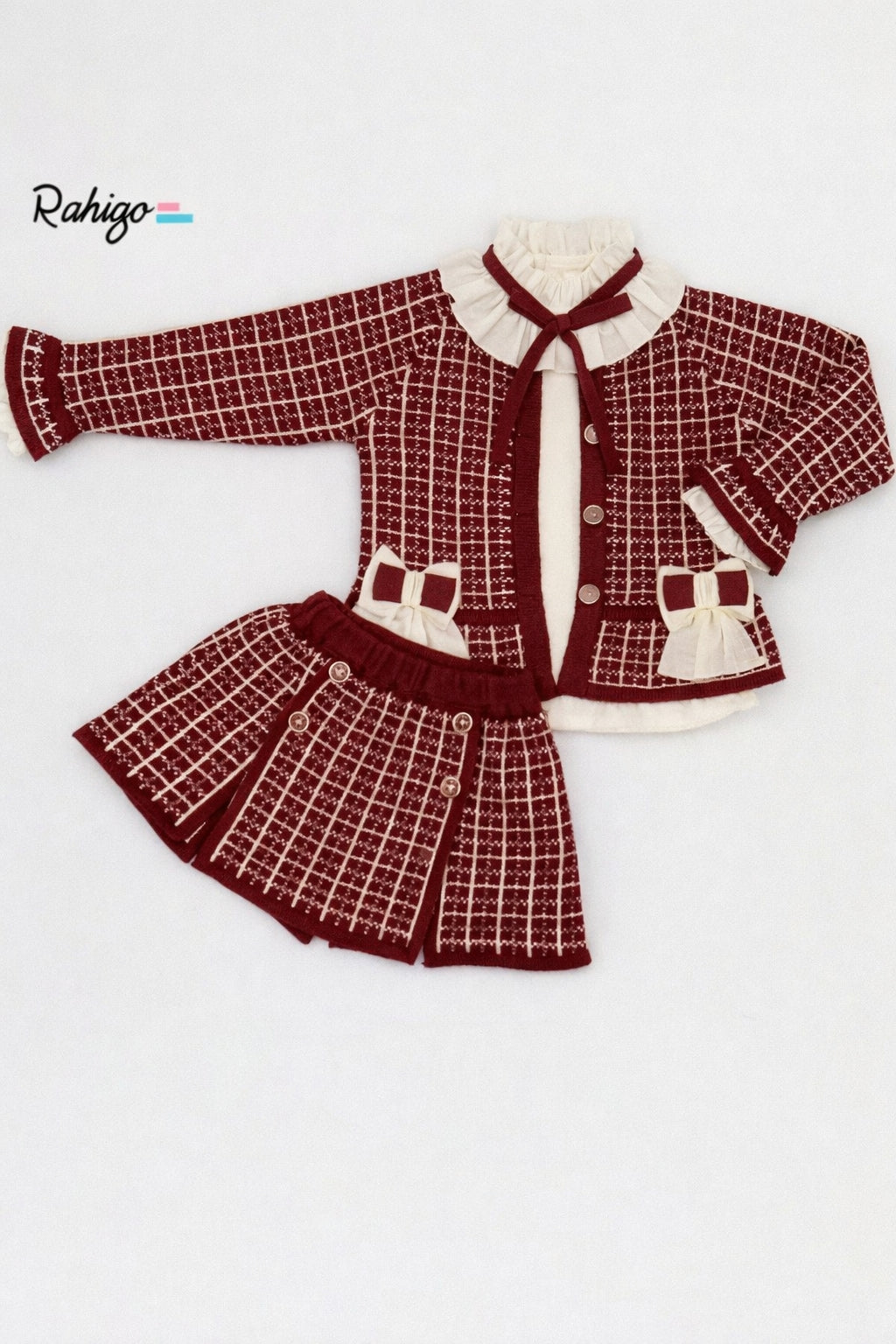 Rahigo Girls Burgandy & Cream Cardigan, Blouse, Skirt & Socks Set - AW26 (Preorder)
