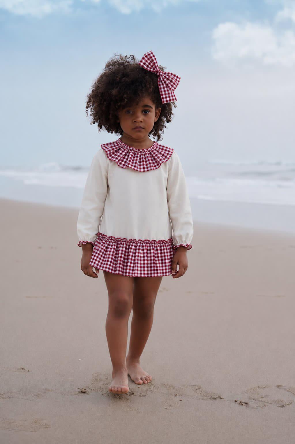 Ela Handmade Red & White Checked Dress, Knickers & Bow Set AW26  - (Made to order)