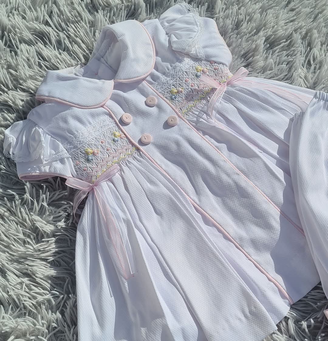 Girls White & Multi Smocked Dress Set