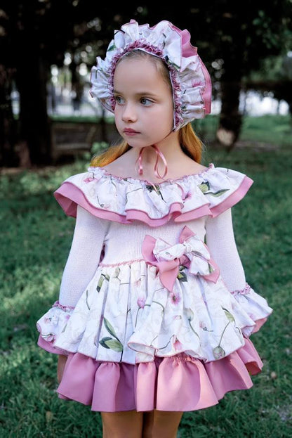 Ela Confeccion AW25 Girls Pink Knitted Floral Puffball Dress Set - (Made to order)