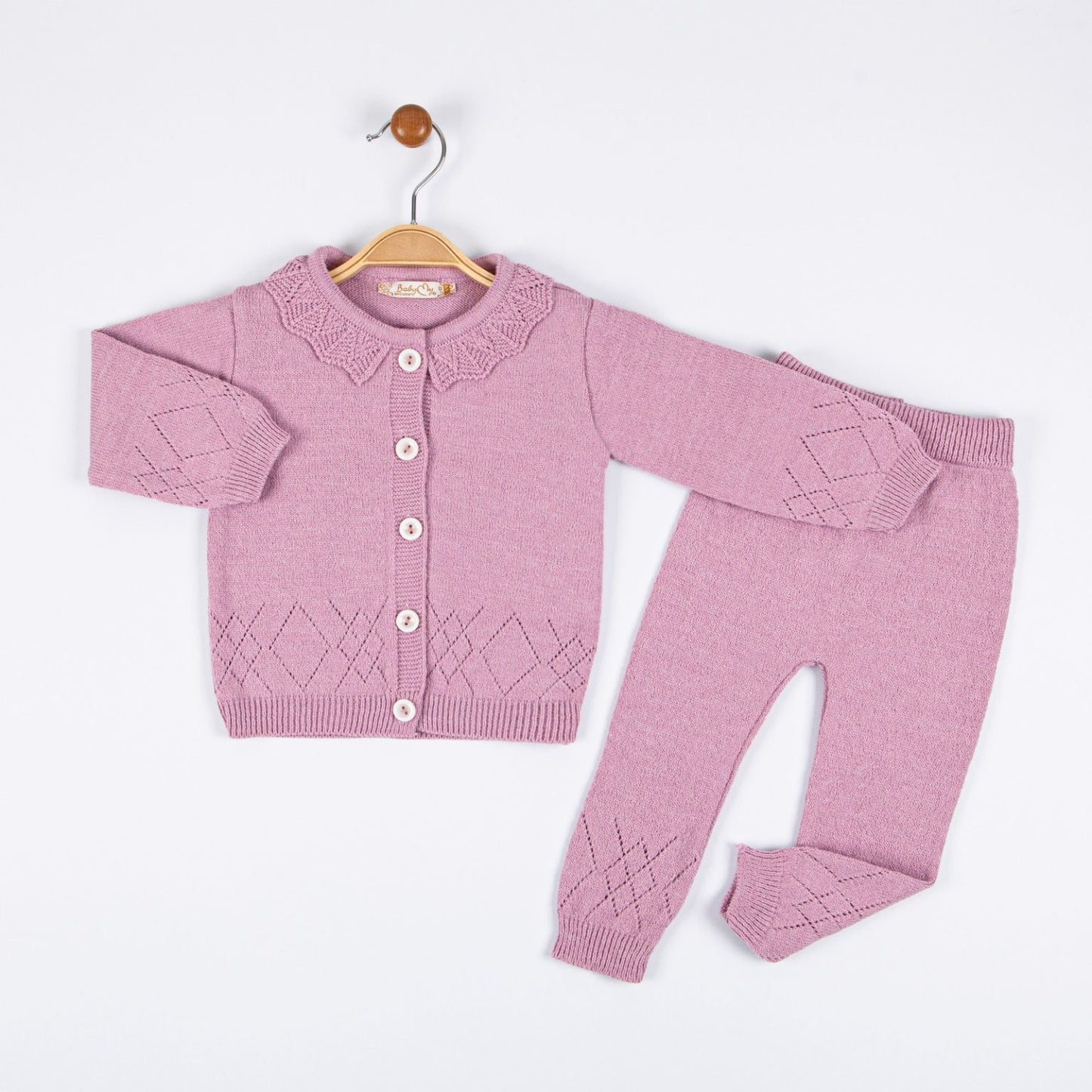 Baby Girls Knitted Diamond Embossed Diamond Cardigan & Bottoms Set
