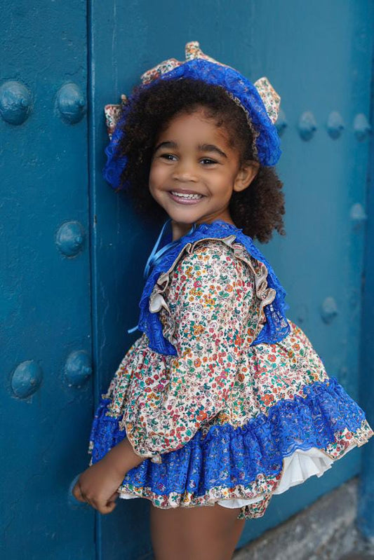 Ela Confeccion AW25 Girls Floral Blue Ruffle Dress Set - (Made to order)