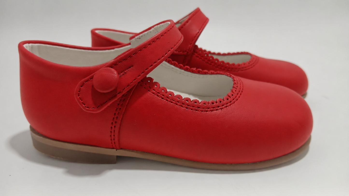 Girls Red Matte Leather Button Mary Jane Shoes (Preorder)