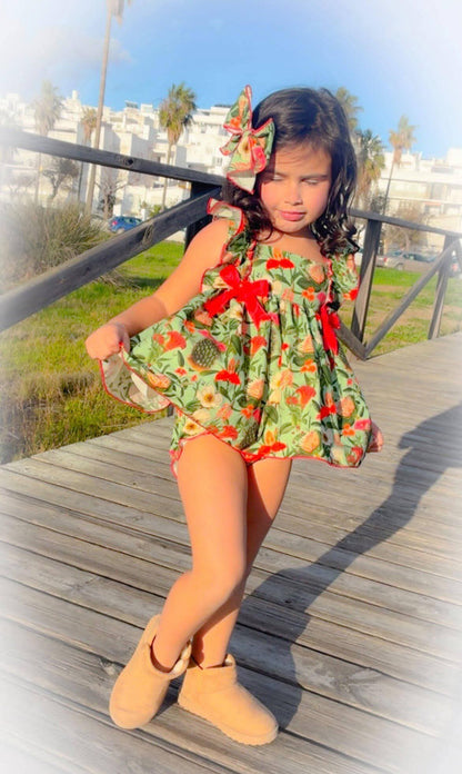 Girls Spring Floral Handmade Dress, Knickers & Bow Set - Ela Confeccion SS26 (In Stock)