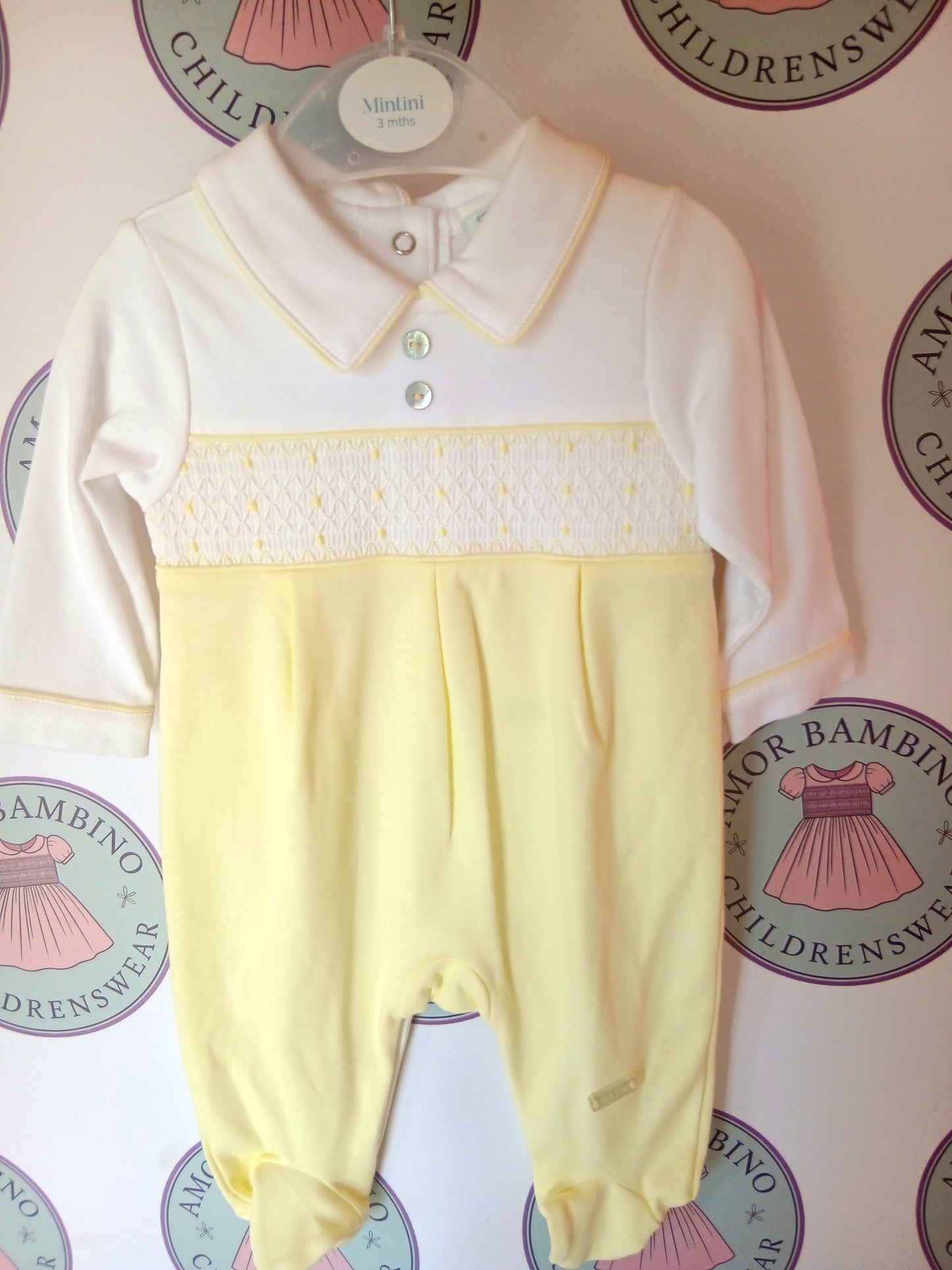 Baby Boys Yellow & White Smocked All In One Baby Grow