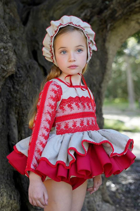 Ela Confeccion AW25 Girls Red & Silver Ruffle Lace Dress Set - (Made to order)
