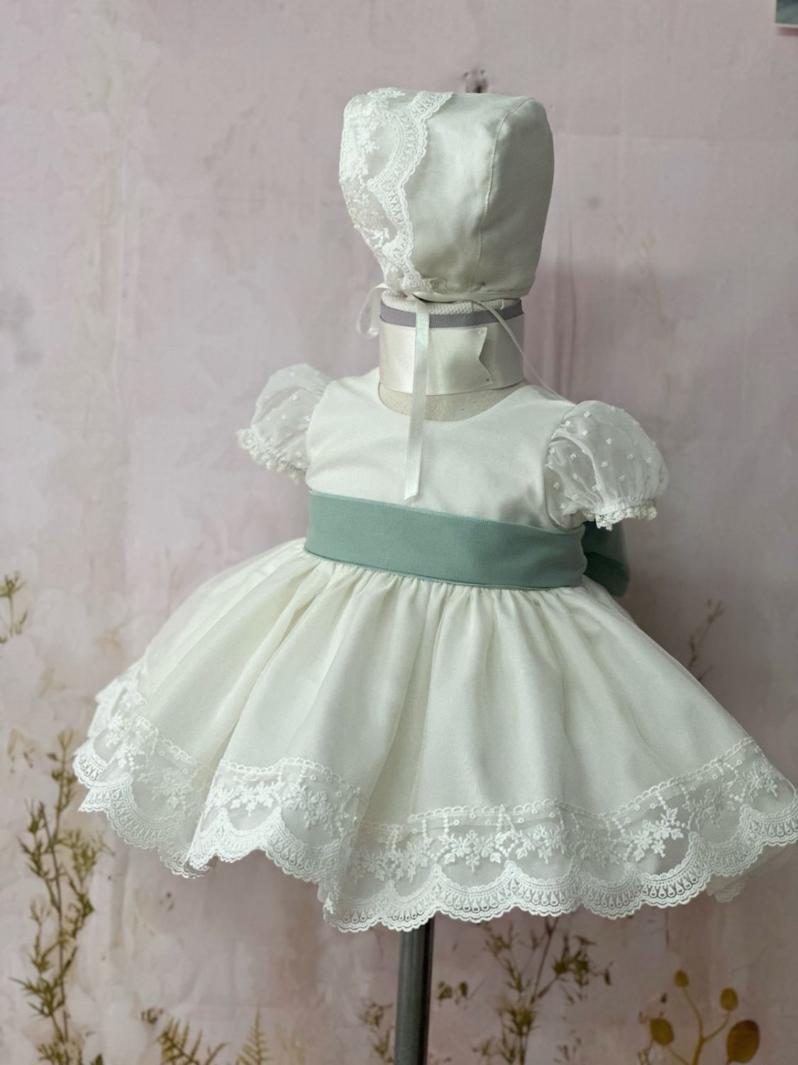 Sonata Ceremony Teal Sash White Dove Dress - (Made To Order)