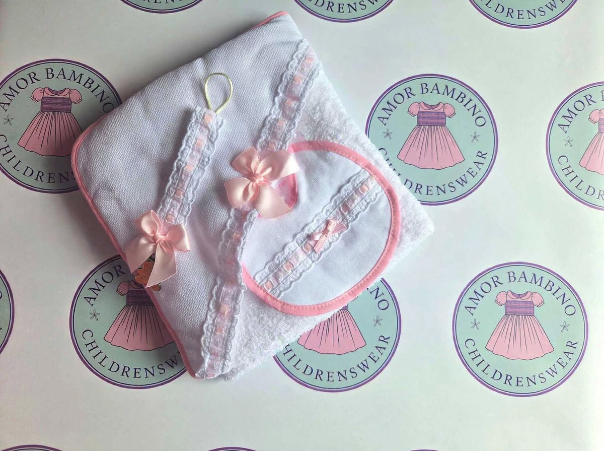 Girls Baby Pink & White 3-piece Bath Set - Hooded Towel, Bib & Dummy Clip