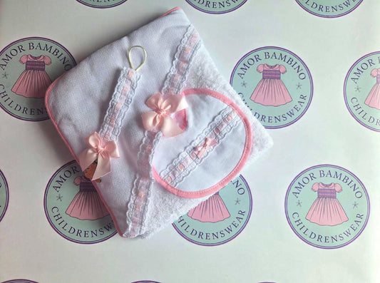 Girls Baby Pink & White 3-piece Bath Set - Hooded Towel, Bib & Dummy Clip