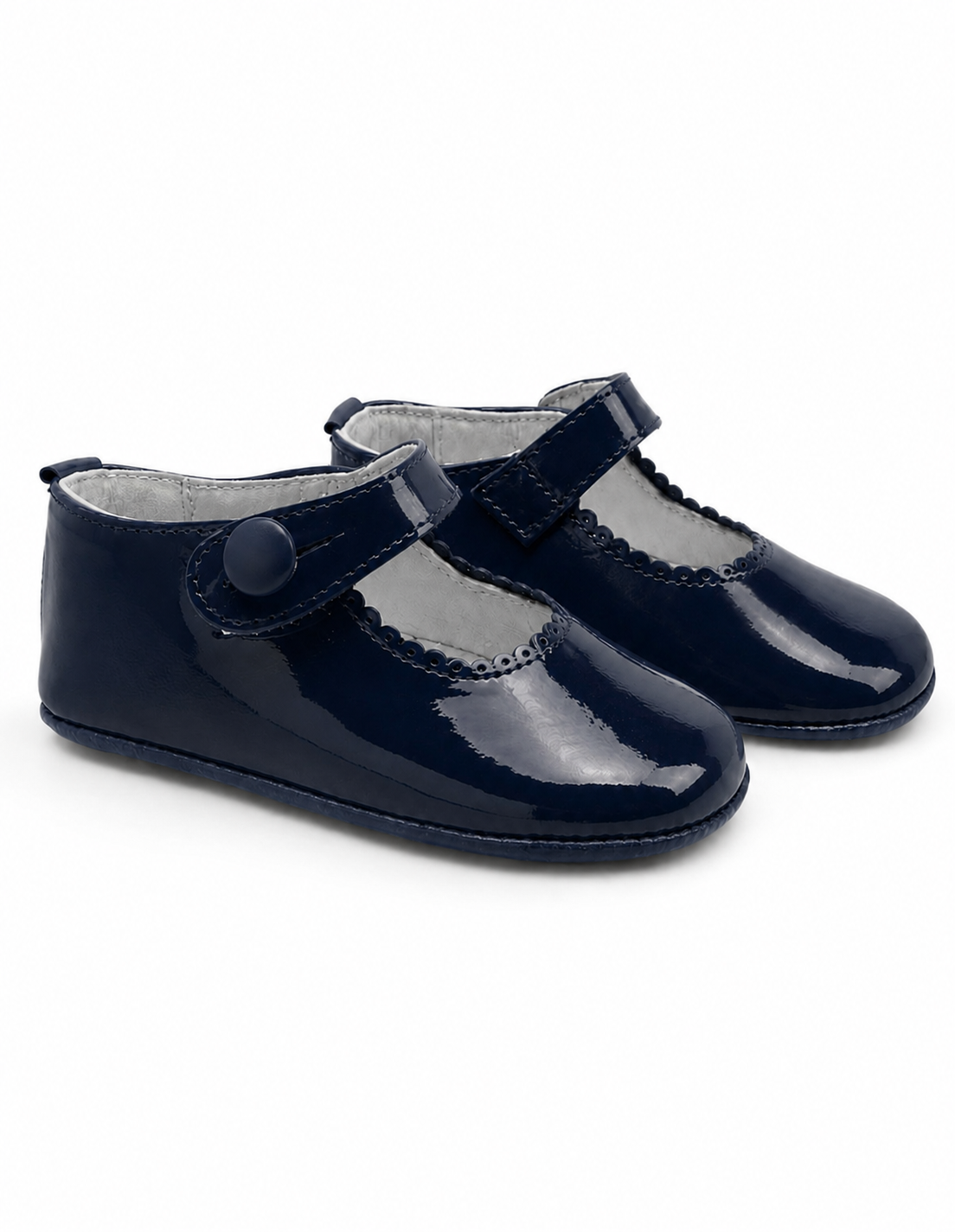 Navy Patent Leather Baby Girls Button Pram Shoes (Preorder)