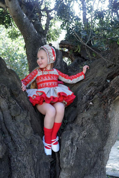 Ela Confeccion AW25 Girls Red & Silver Ruffle Lace Dress Set - (Made to order)