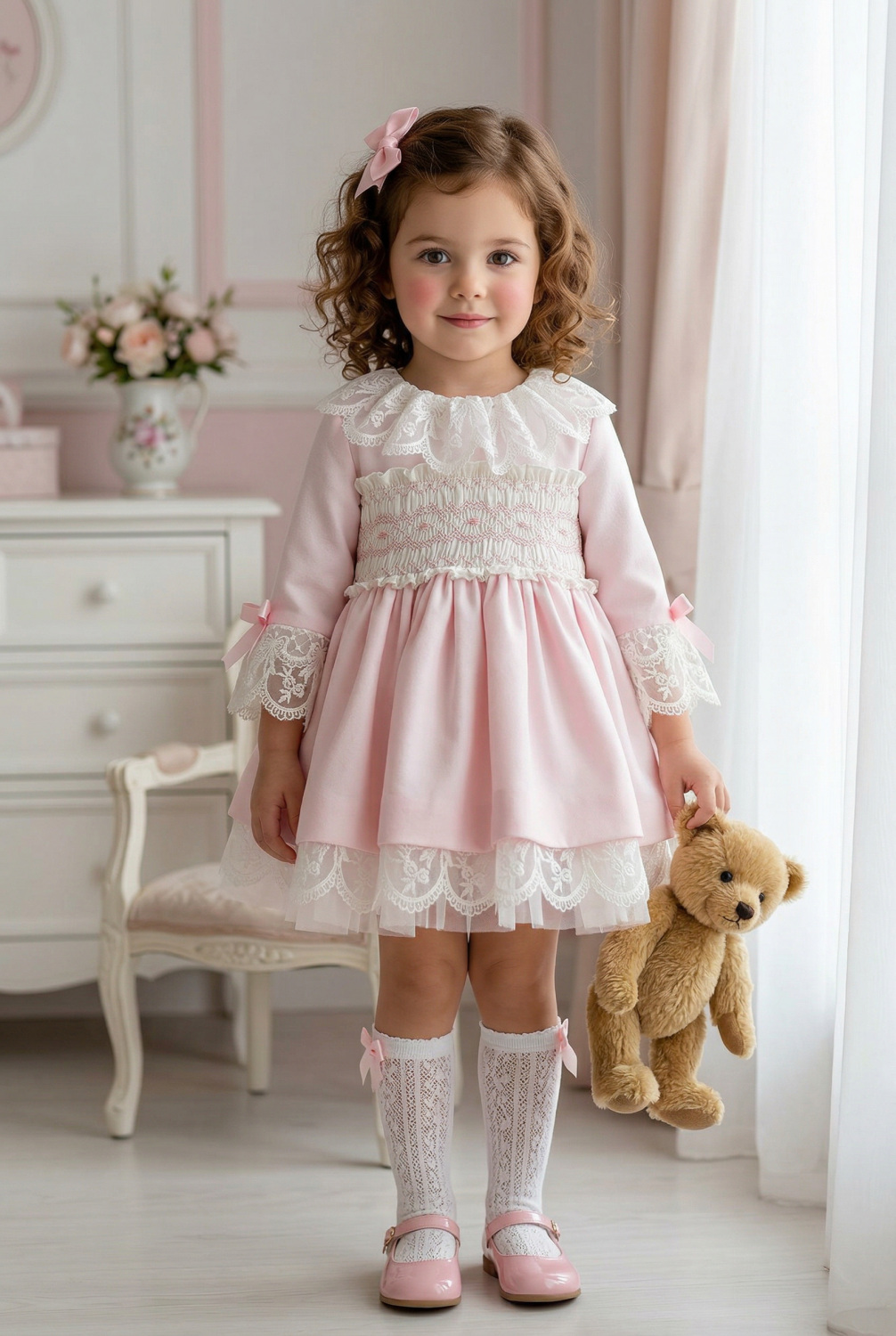 Sonata Girls Pink Smocked Embroidered Dress SS26 - (Made To Order)