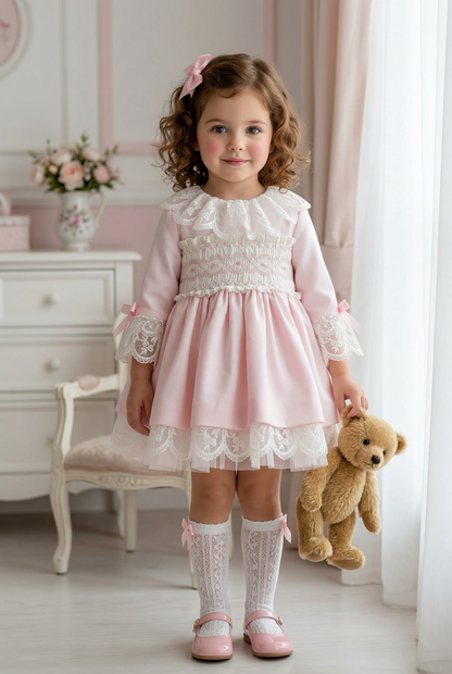 Sonata Girls Pink Smocked Embroidered Dress SS26 - (Made To Order)