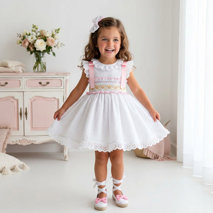 Sonata Girls White Plumetti Smocked Dress & Hairbow SS26 - (Made To Order)