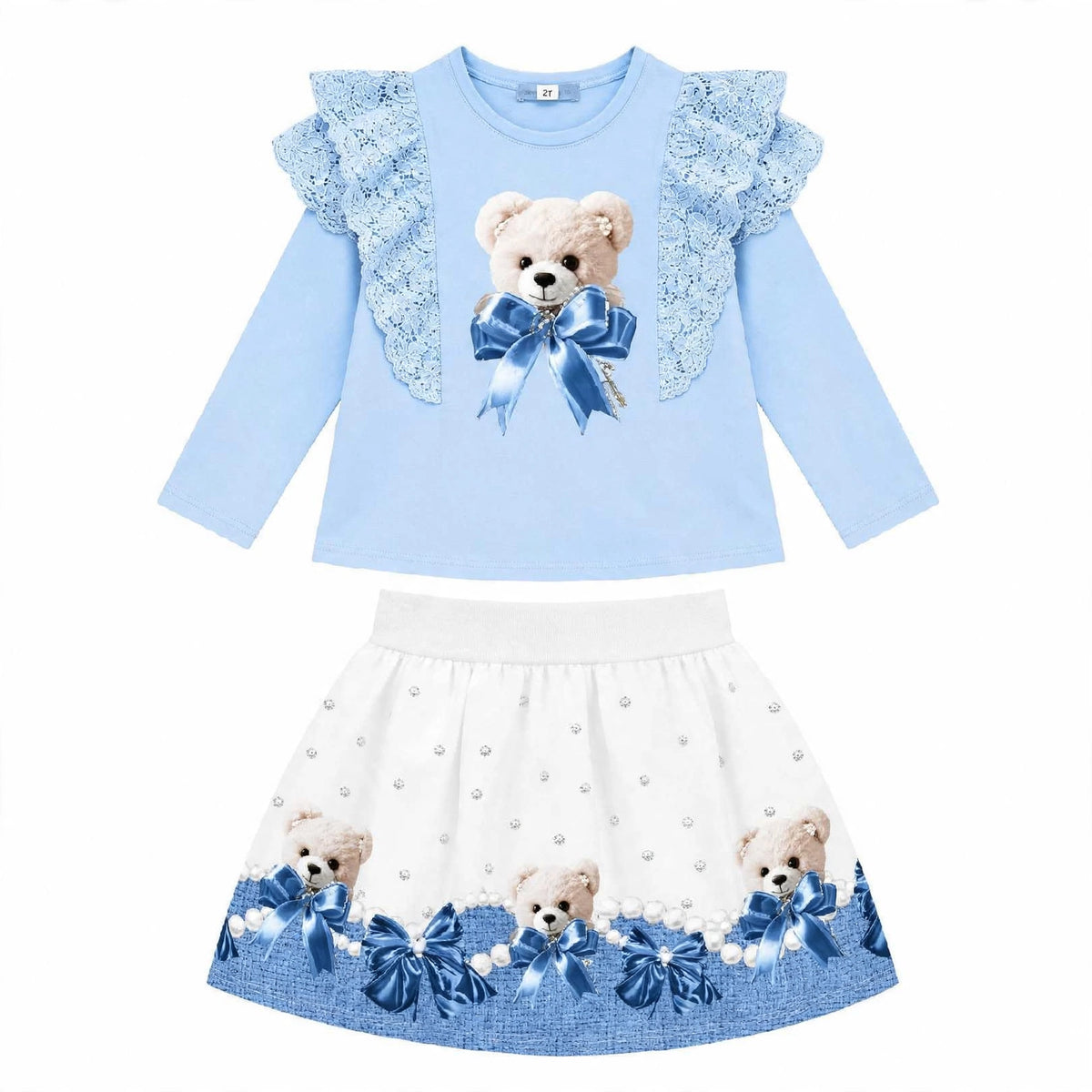 Girls Blue Teddybear Bow Top & Skirt Set In Stock