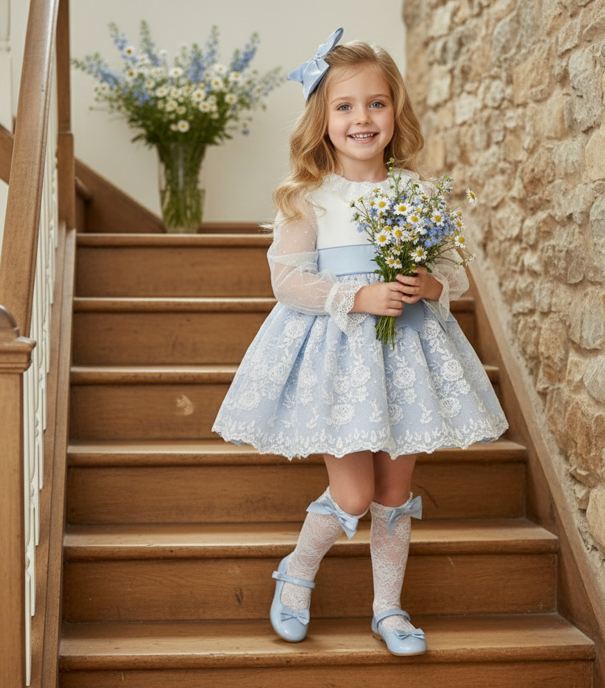 Sonata Handmade Camelia White & Baby Blue Dress SS26 (Made to order)