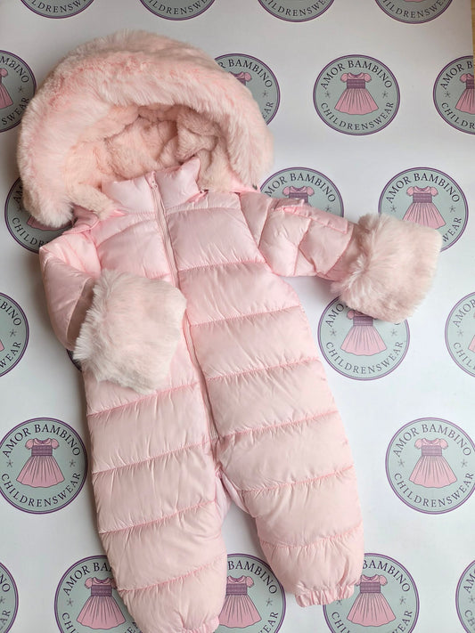 Girls Baby Pink Faux Fur Hooded Snowsuit