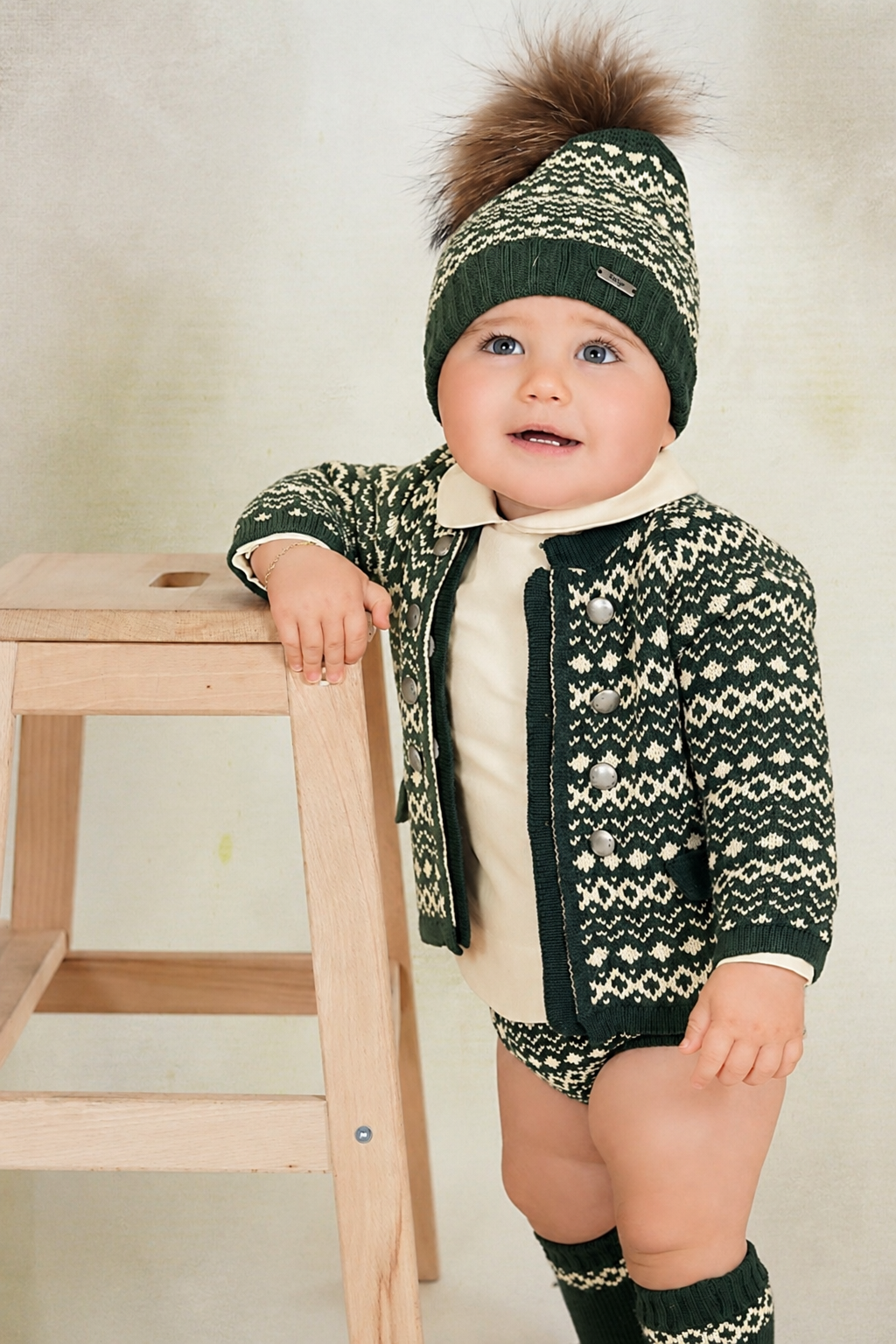 Rahigo Baby Boys Bottle Green & Cream Cardigan, Shirt, Shorts, Pom Hat & Socks Set - AW26 (Preorder)