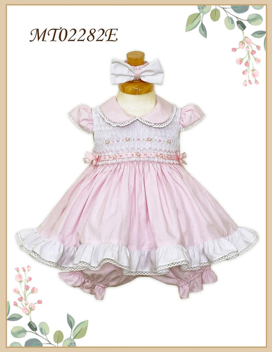 Girls Strippy Pink Smocked Dress