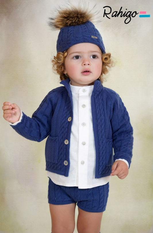 Rahigo Boys Oxford Blue Cardigan, Shirt, Shorts Pom Hat & Socks Set - AW26 (Preorder)