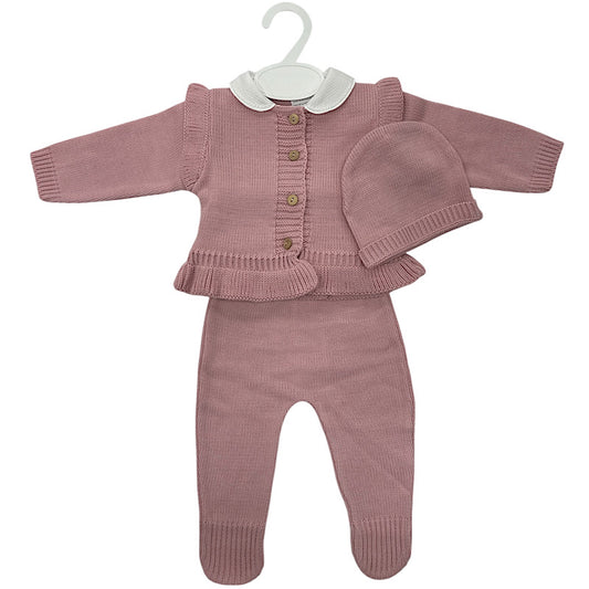 Baby Girls Dusky Pink Knitted Set & Bonnet