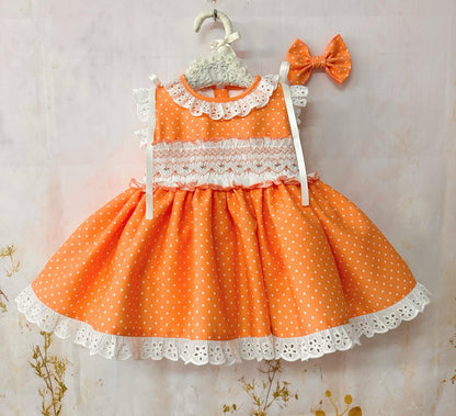 Sonata Girls Orange Smocked Polka Dot Dress & Hairbow SS26 - (Made To Order)