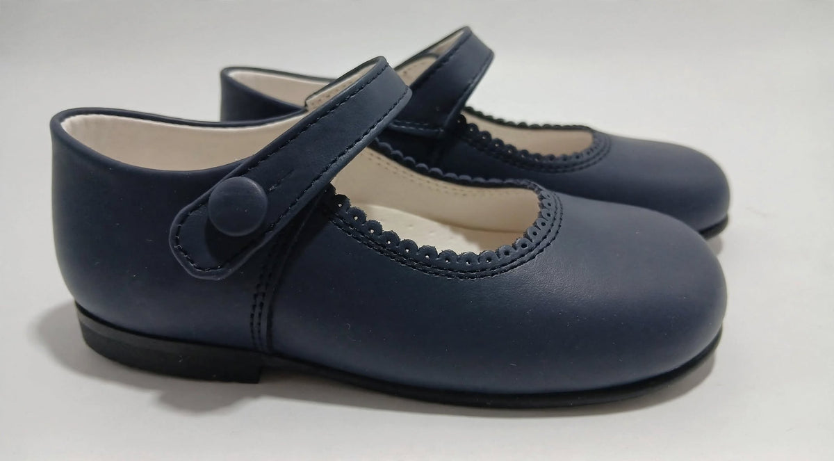Girls Navy Matte Leather Button Mary Jane Shoes (In Stock)