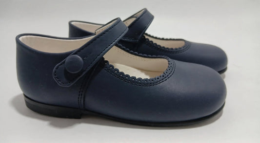 Girls Navy Matte Leather Button Mary Jane Shoes (In Stock)