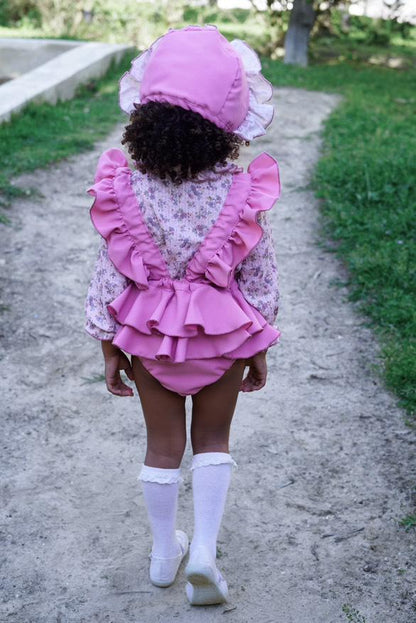 Ela Confeccion AW25 Girls Floral Ruffle Pinafore Romper & Bow Blouse Set - (Made to order)