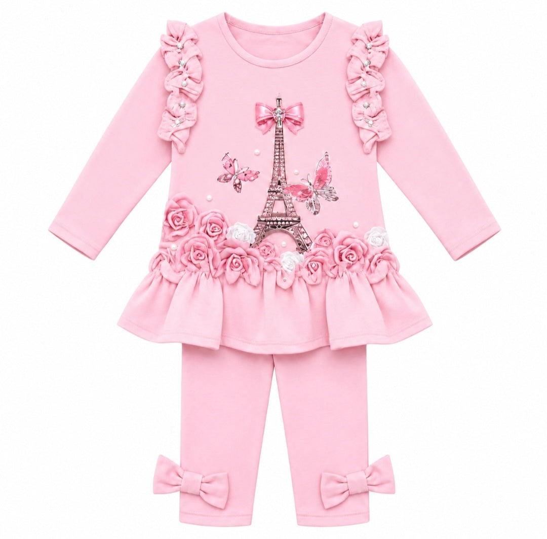 Girls Eiffel Tower Pink Top & Leggings Set (Preorder)