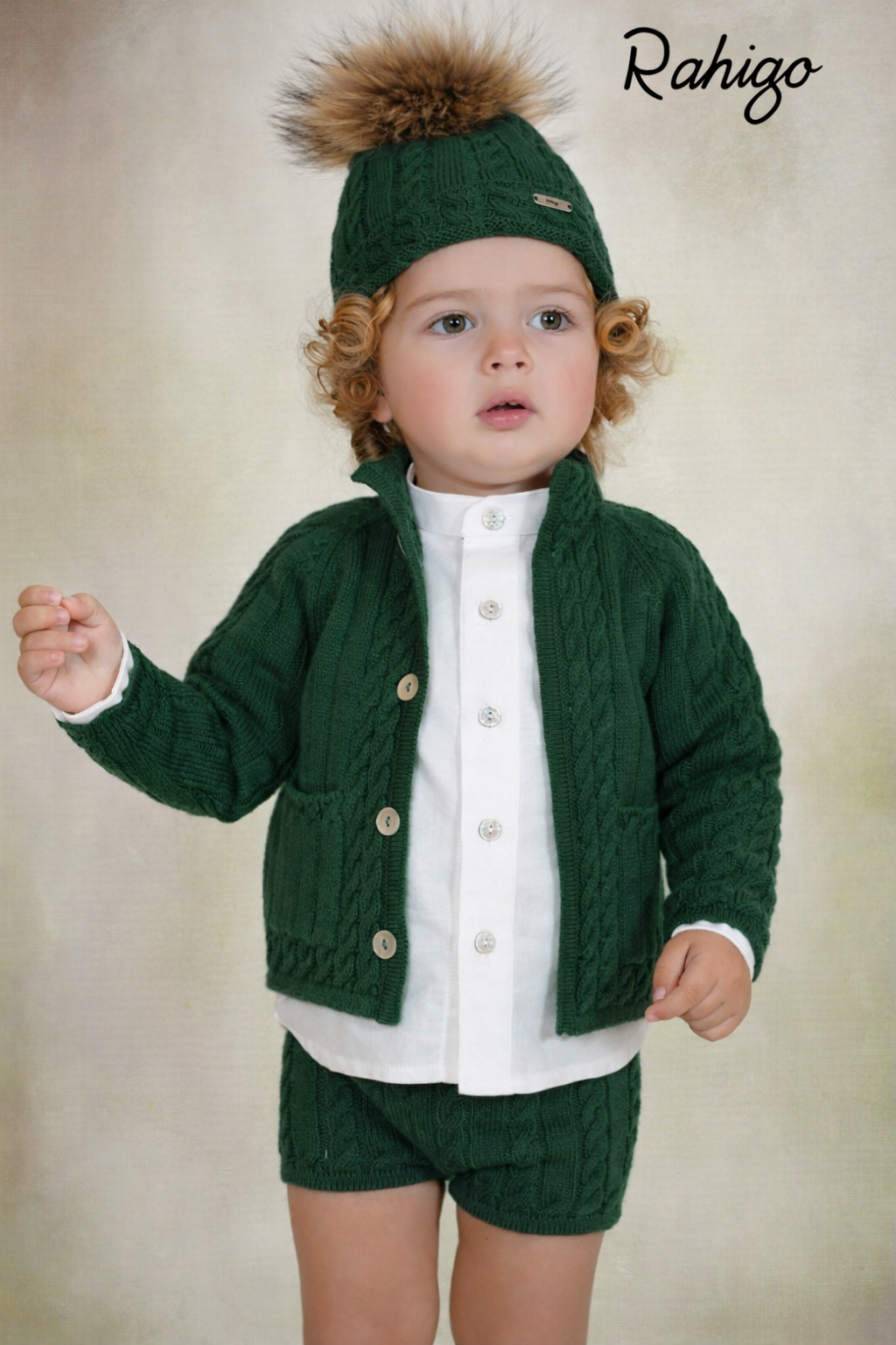 Rahigo Boys Bottle Green Cardigan, Shirt, Shorts, Pom Hat & Socks Set - AW26 (Preorder)