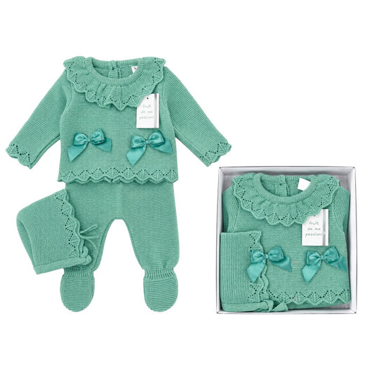 Baby Girls Ruffle Collar Green 3 piece Knitted Set