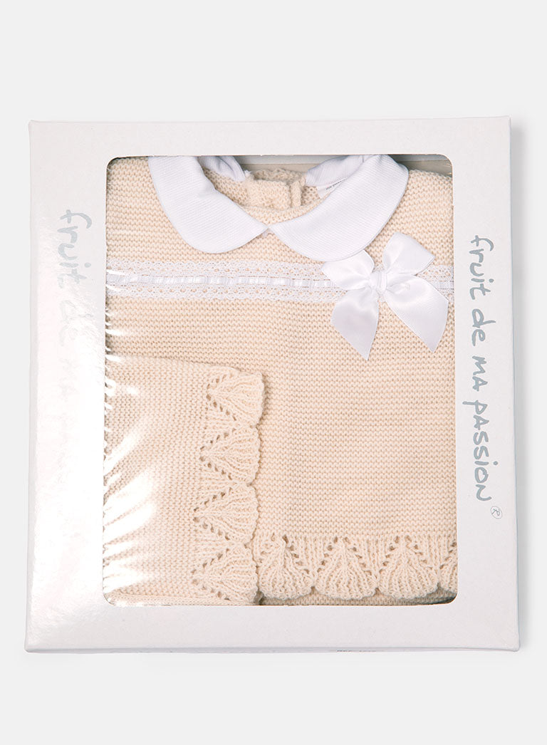 Baby Girls Bow & Lace Beige 3 piece Knitted Set