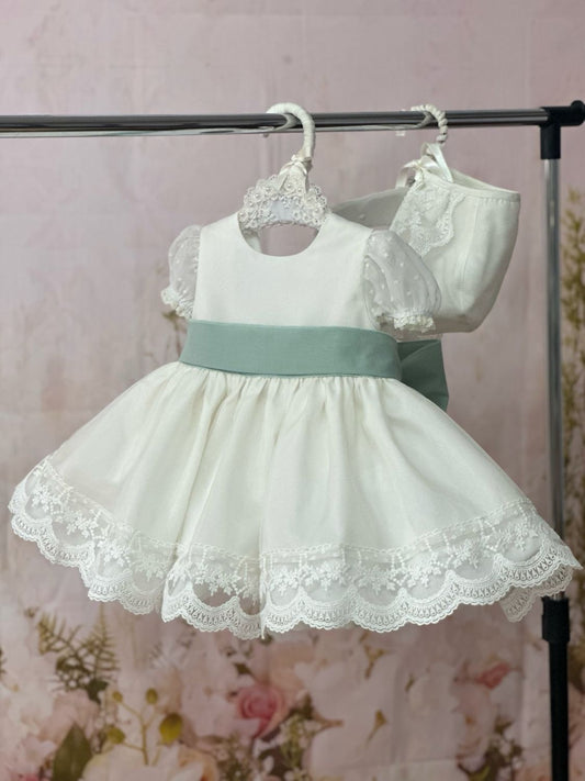 Sonata Ceremony Teal Sash White Dove Dress - (Made To Order)