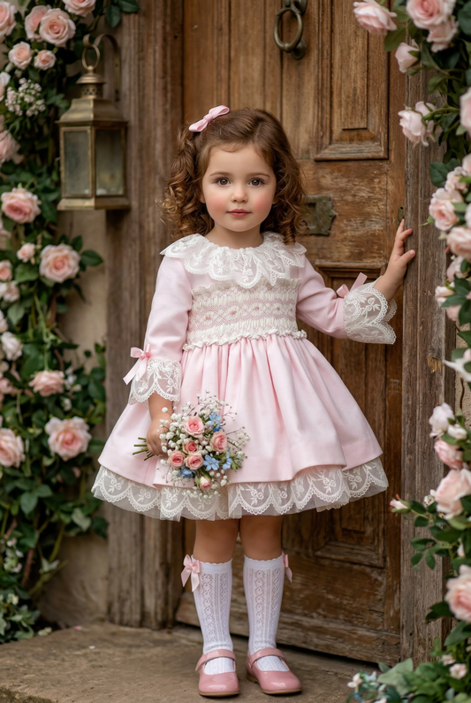 Sonata Girls Pink Smocked Embroidered Dress SS26 - (Made To Order)