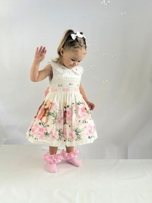 Girls Teddy Bear Print Smocked Dress