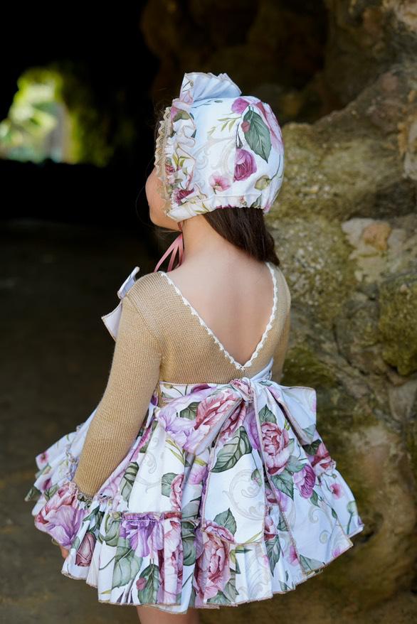 Ela Confeccion AW25 Girls Camel Knitted Floral Puffball Dress Set - (Made to order)