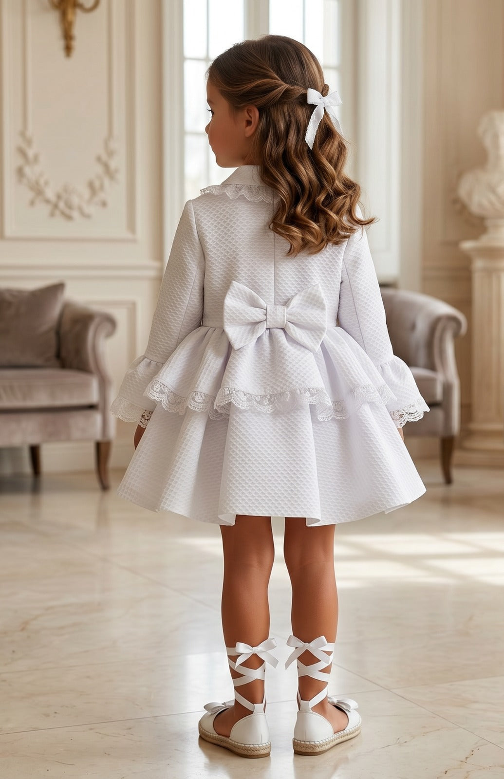 Sonata Girls White Pique Lace Coat SS26 - (Made To Order)