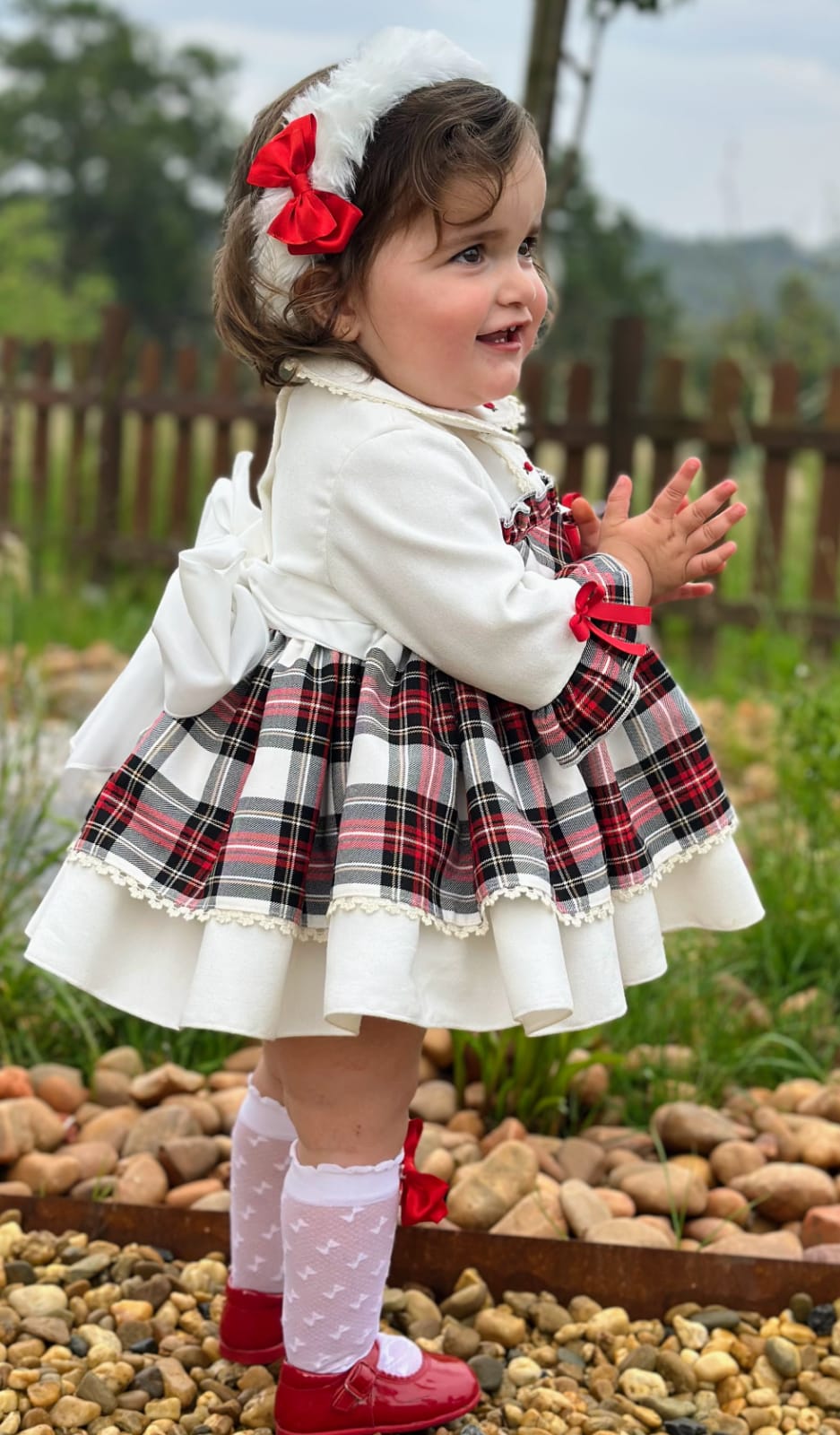 Girls White Tartan Puffball Dress AW (Made to order)