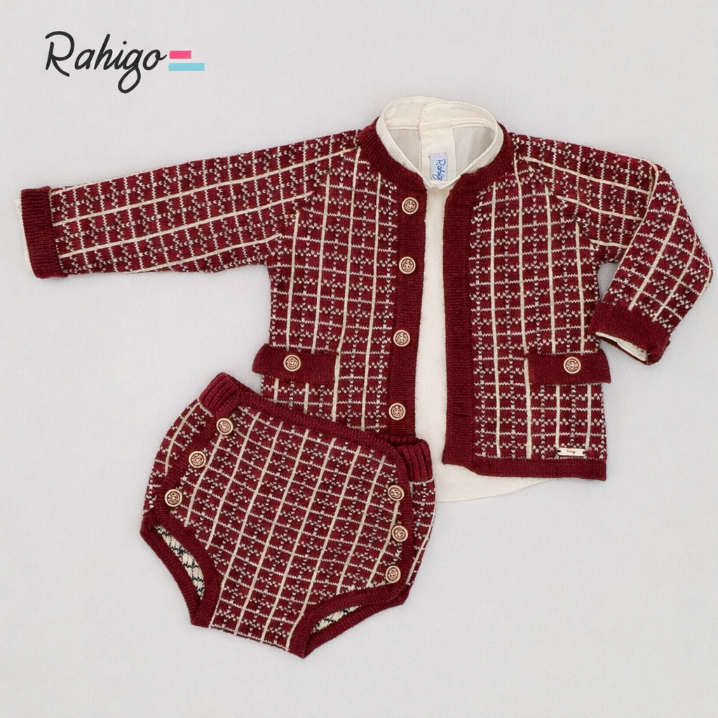 Rahigo Baby Boys Burgandy & Cream Cardigan, Shirt & Jam Pants Set - AW26 (Preorder)