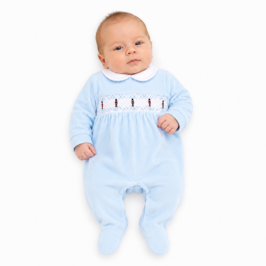 Baby Boys Blue Soldier Velour Babygrow (Preorder)