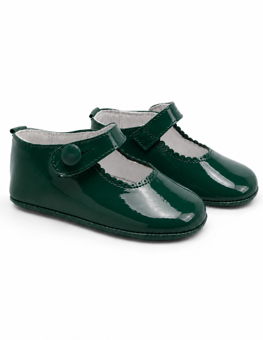 Bottle Green Patent Leather Baby Girls Button Pram Shoes (Preorder)