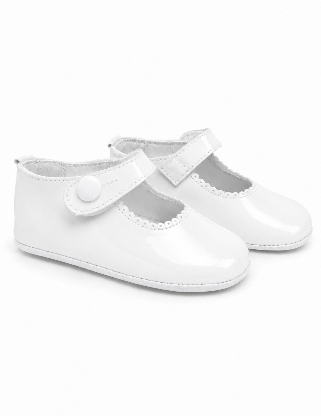 White Patent Leather Baby Girls Button Pram Shoes (Preorder)