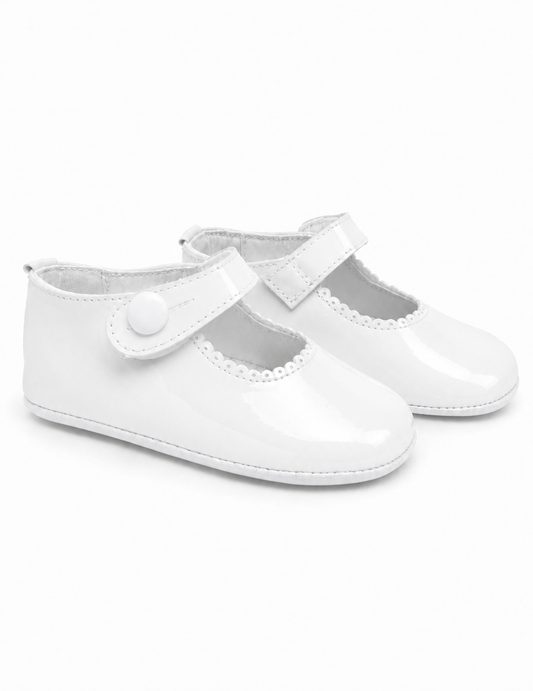 White Patent Leather Baby Girls Button Pram Shoes (Preorder)