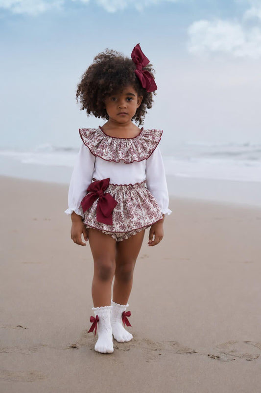 Ela Handmade Burgundy & White Floral Dress, Knickers & Bow Set AW26  - (Made to order)