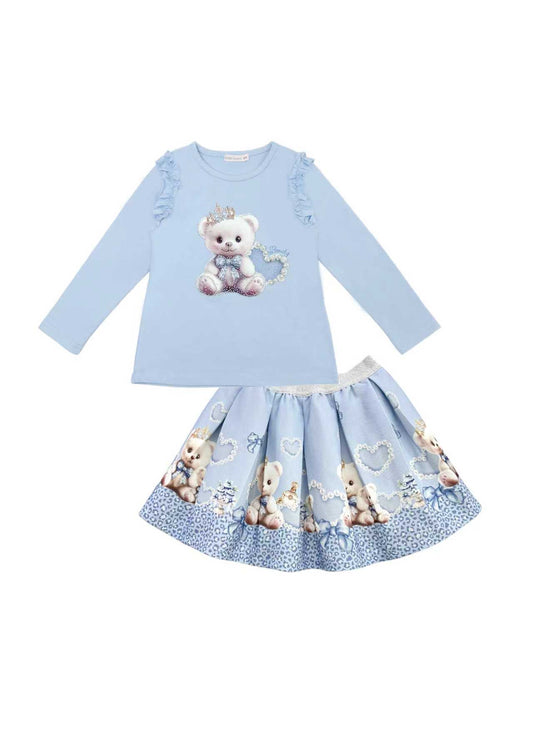 Girls Blue Teddybear Heart Top & Skirt Set