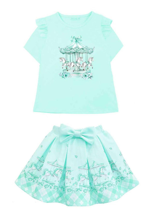 Mint Horse Carousel Top & Skirt Set
