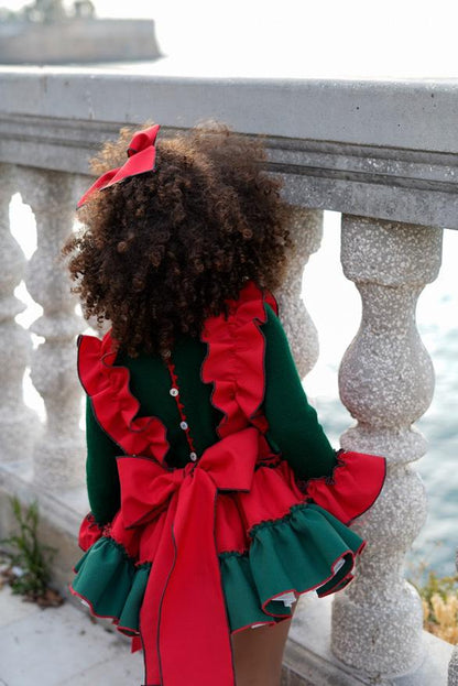Ela Confeccion AW25 Girls Bottle Green & Red Knitted Ruffle Dress Set - (Made to order)
