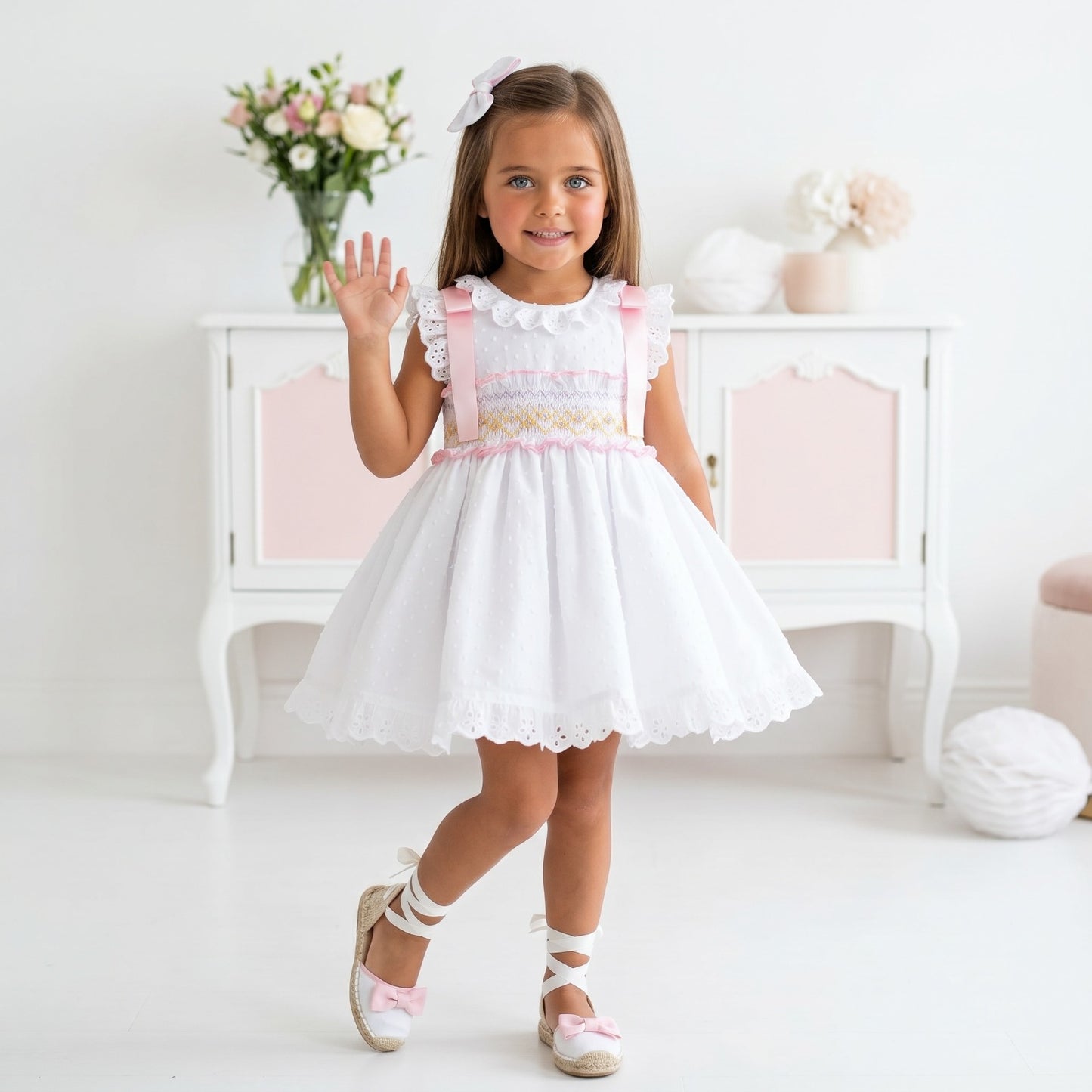 Sonata Girls White Plumetti Smocked Dress & Hairbow SS26 - (Made To Order)