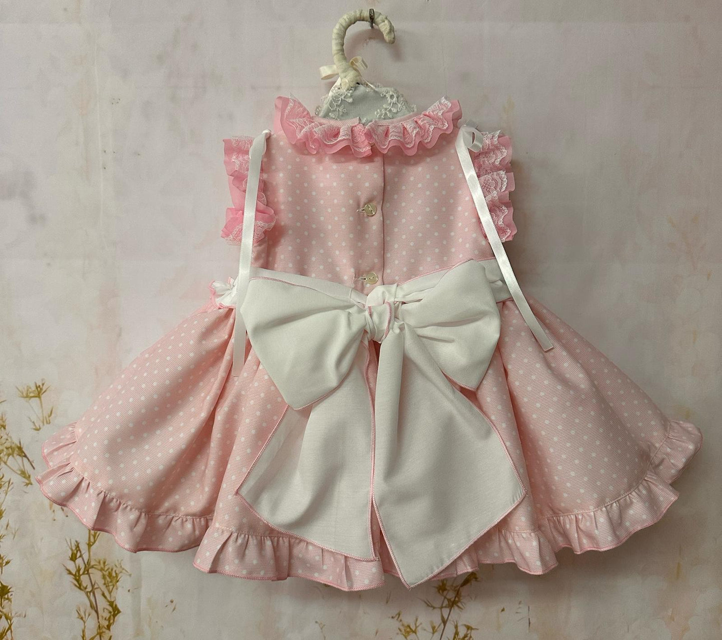Sonata Girls Pink Smocked Polka Dot Dress & Hairbow SS26 - (Made To Order)